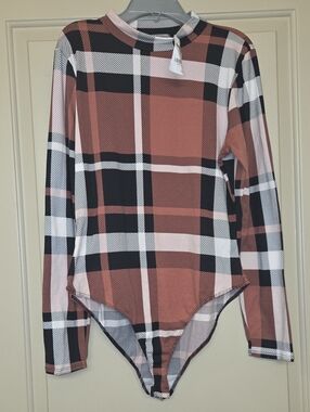 Charlotte Russe Rust Black White And Brown Plaid Long-Sleeve One-Piece Bodysuit